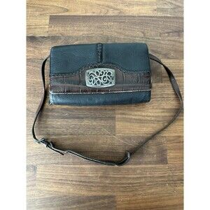 Women's Brighton Black Leather Croc Stamped Brown Trim Crossbody Wallet
